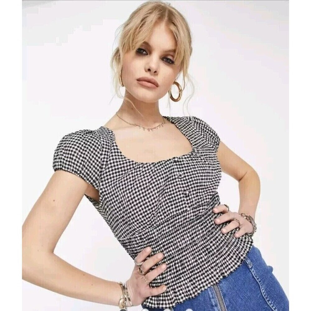 NWT TOPSHOP Shirred Cap Sleeve Gingham Tea Print Top Sz 8 Women Blouse Crop N17